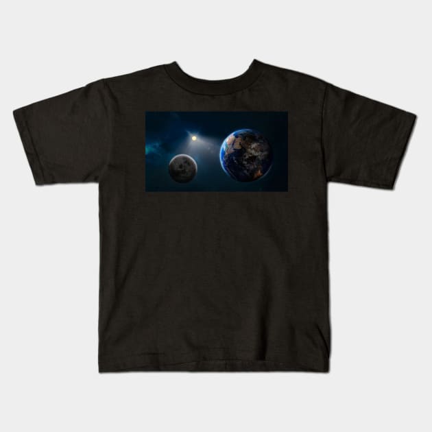 Planet earth and the moon in space, stars fill the sky, with sunlight, 3D illustration Kids T-Shirt by MoEsam95